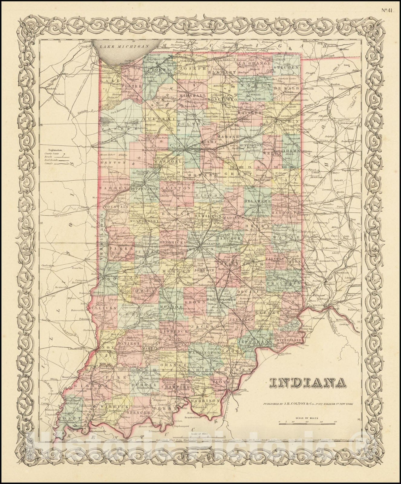 Historic Map : Indiana, 1855, Vintage Wall Art