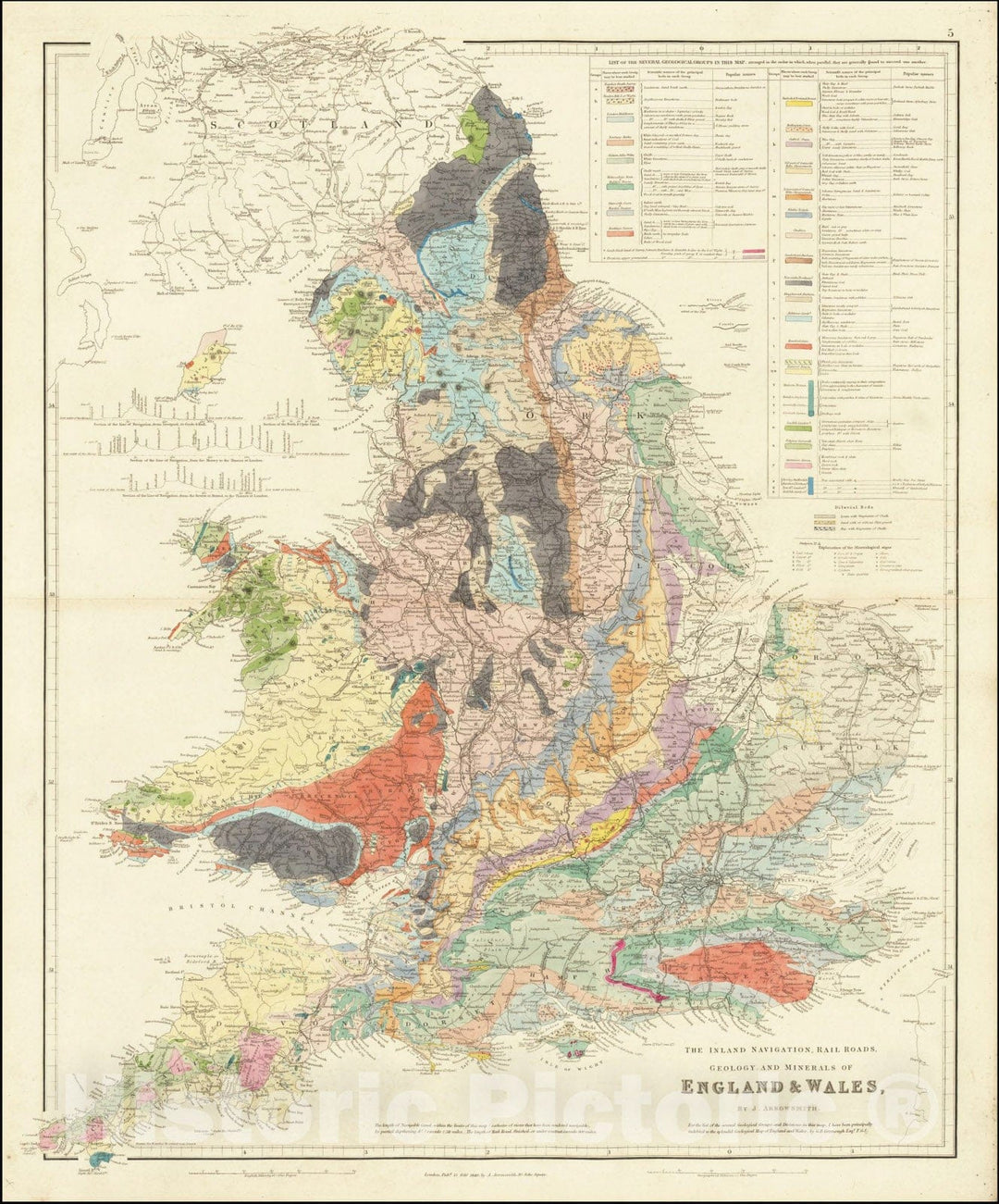 Historic Map : The Inland Navigation, Rail Roads, Geology and Minerals of England & Wales . .., 1840, Vintage Wall Art