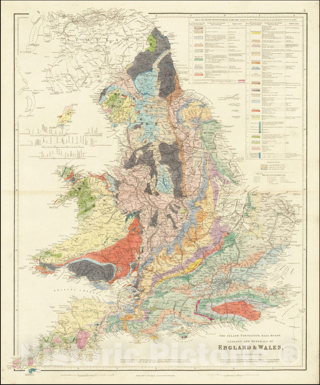 Historic Map : The Inland Navigation, Rail Roads, Geology and Minerals of England & Wales . .., 1840, Vintage Wall Art