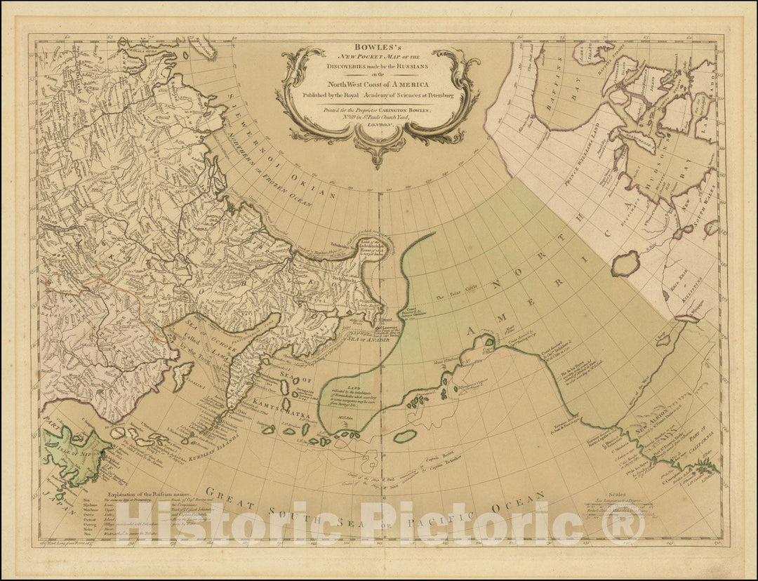 Historic Map : Bowles's New Pocket Discoveries made by the Russians on the North West Coast of America Published by the Royal Academy of Sciences at Petersburg, 1780, Vintage Wall Art