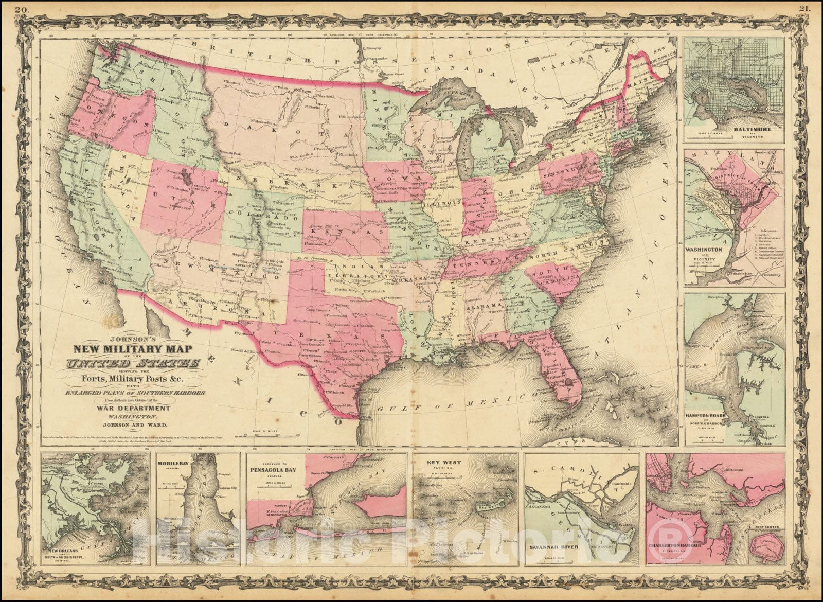 Historic Map : Johnson's New Military United States Forts, Military Posts & all the Military Divisions with Enlarged Plans of the Southern Harbors, 1862, Vintage Wall Art