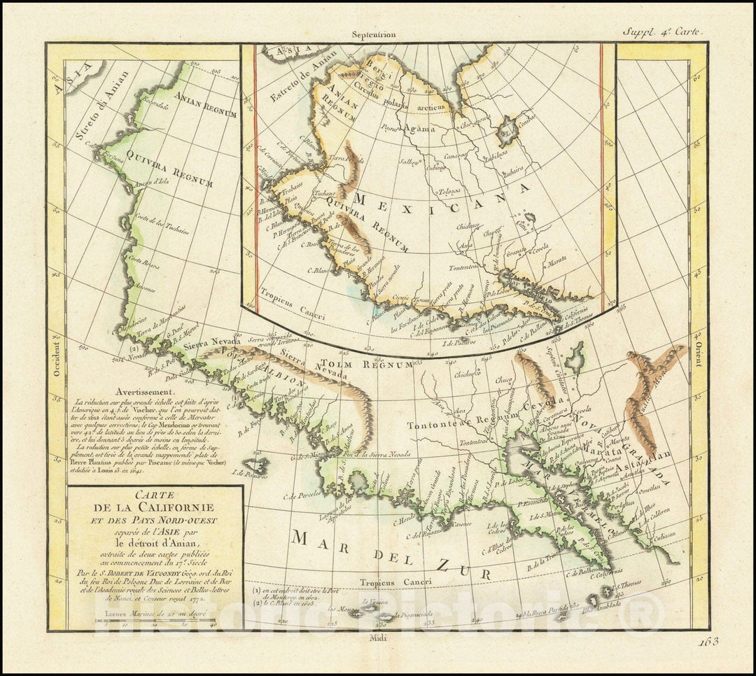 Historic Map : Carte De La Californie Et Des Pays Nord Ouest separes de L'Asie par le Detroit d'Anian, 1772, Vintage Wall Art