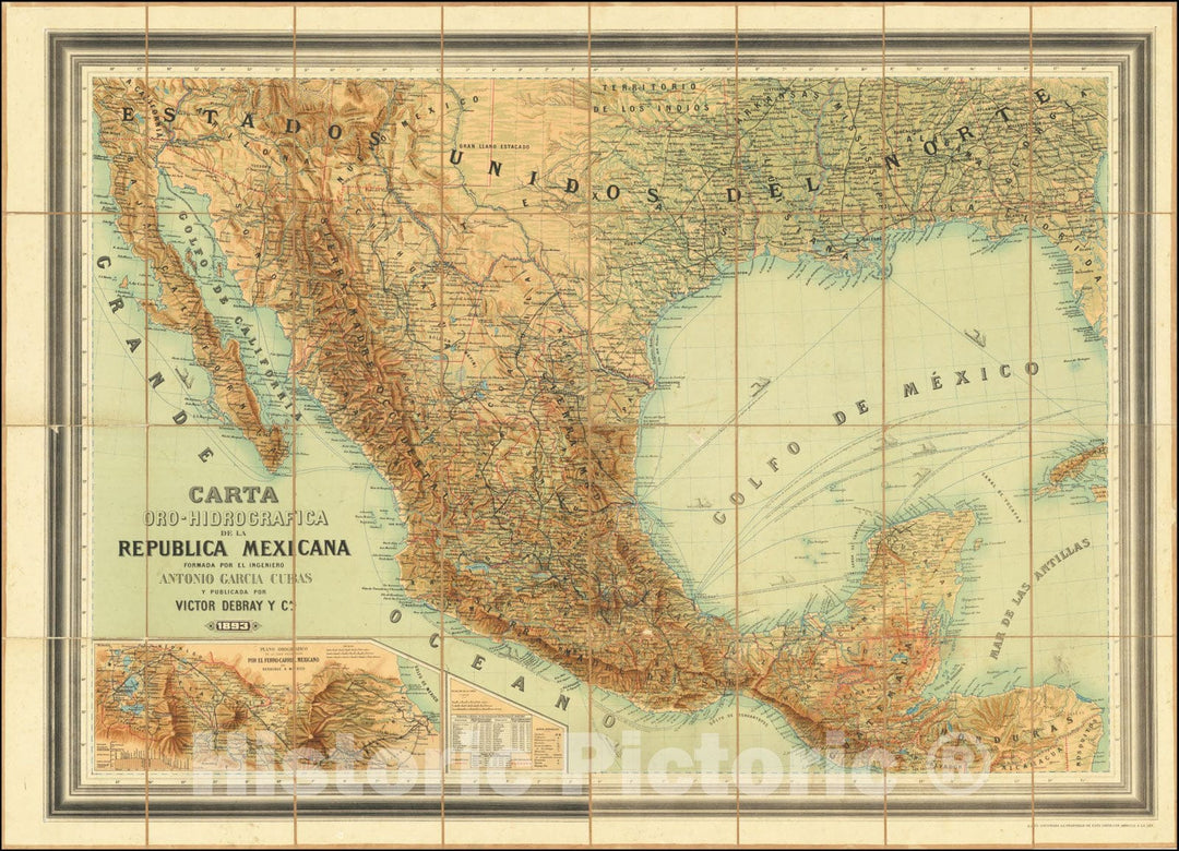 Historic Map : Carta Oro-Hidrografica de la Republica Mexicana Formada Por El Ingeniero Antonio Garcia Cubas y Publicada Por Victor Debray y Ca. 1893, 1893, Vintage Wall Art