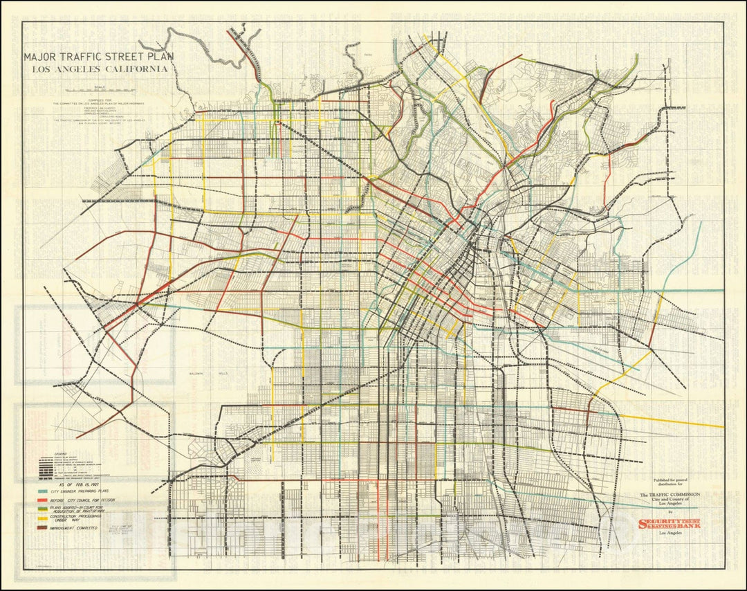 Historic Map : Major Traffic Street Plan Los Angeles California.Compiled For The Committee On Los Angeles Plan of Major Highways.Frederick Law Olmsted, 1927, 1927, Vintage Wall Art