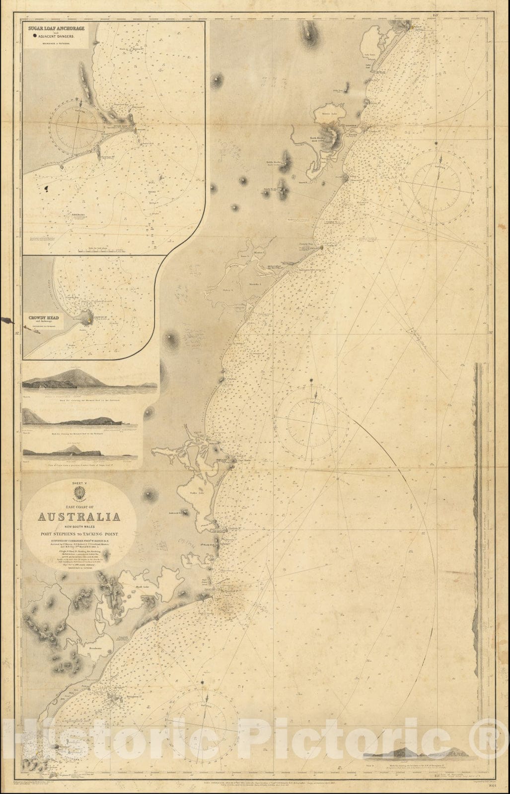 Historic Map : New South Wales Port Stephens to Tacking Point Surveyed By Com. Freidr. W. Sidney R.N,1862. 5.,1865 (1869), Vintage Wall Art