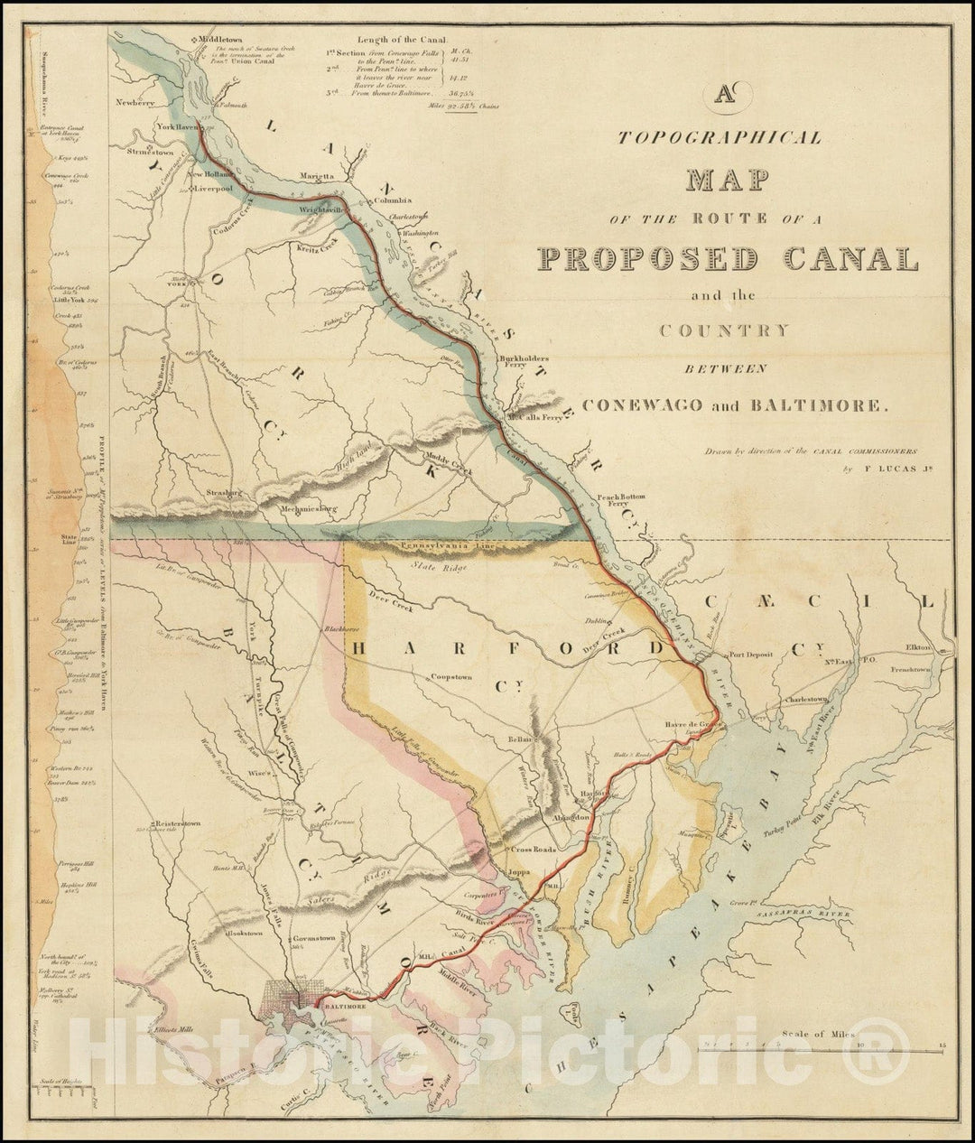 Historic Map : A Topographical Route of a Proposed Canal and the Country Between Conewago and Baltimore, 1823, Vintage Wall Art