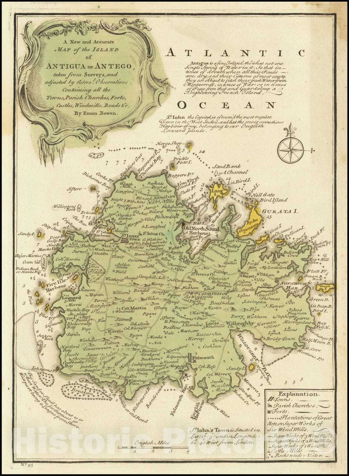 Historic Map : The Island of Antigua or Antego taken from Surveys, and adjusted by Astronl. Observations. Containing all the Towns, Parish Churches, Forts . . ., 1747, Vintage Wall Art