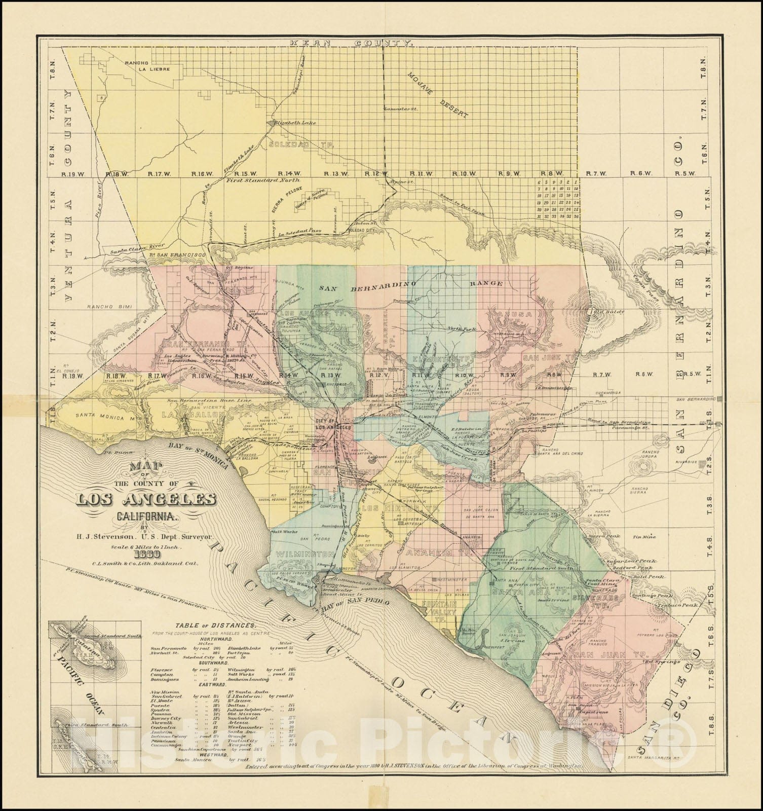 Historic Map : County of Los Angeles California.By H. J. Stevenson.U.S. Dept Surveyor.1880., 1880, Vintage Wall Art