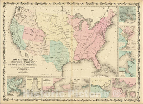 Historic Map : Johnson's New Military United States Forts, Military Posts & all the Military Divisions with Enlarged Plans of the Southern Harbors, 1861, Vintage Wall Art