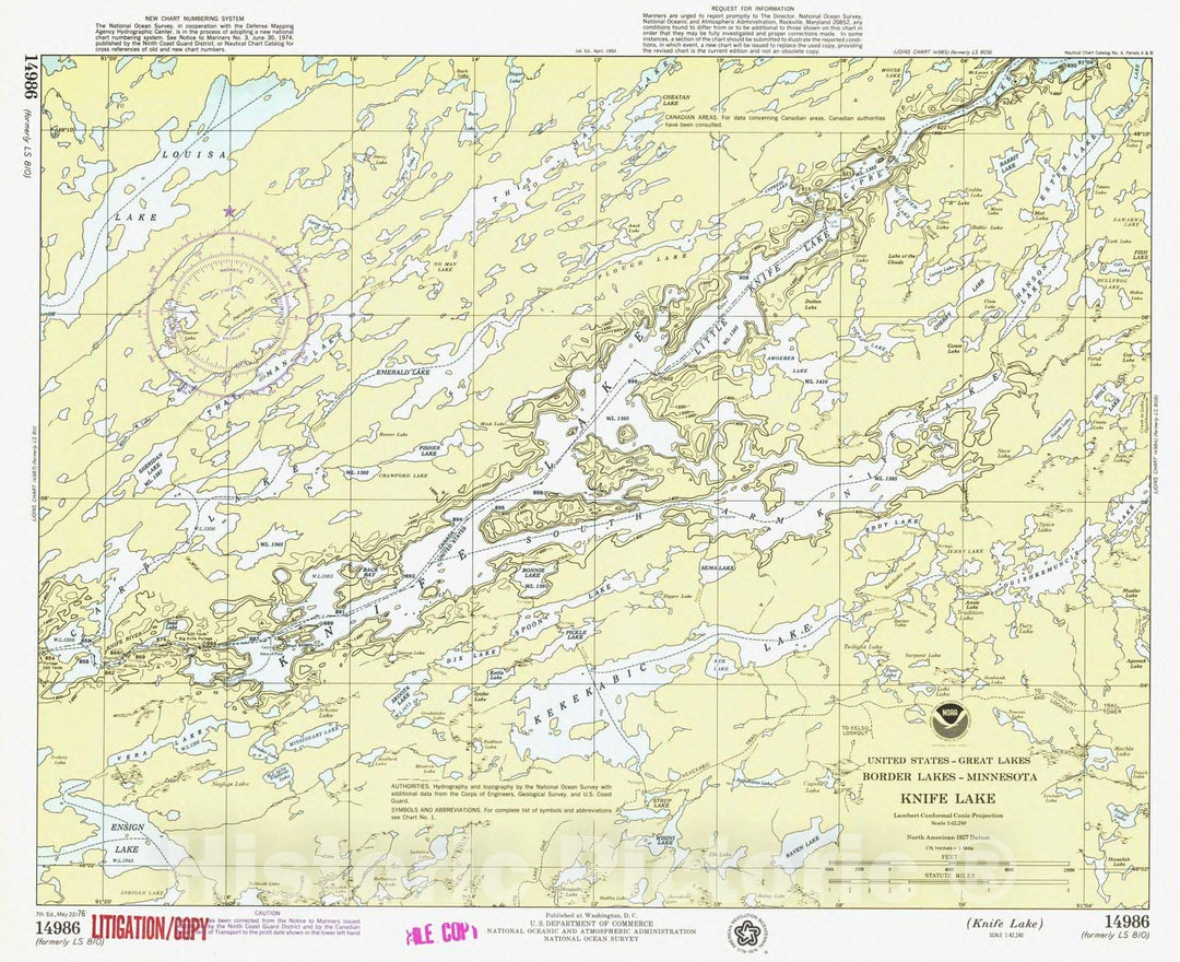 Historic Nautical Map - Knife Lake, MN, 1976 NOAA Chart - Vintage Wall Art