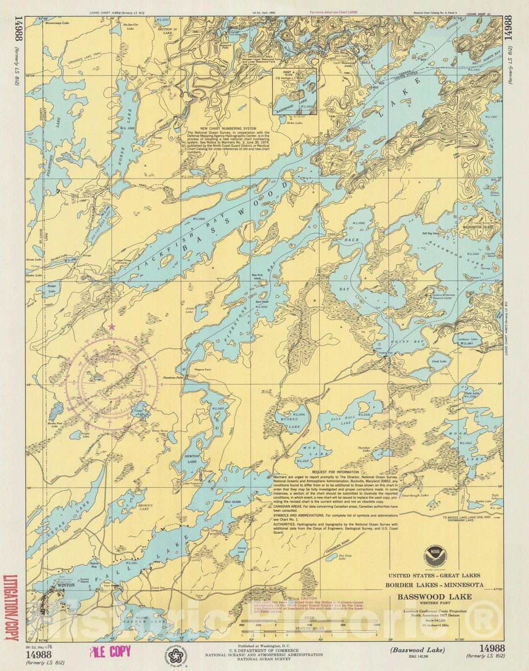 Historic Nautical Map - Basswood Lake, MN, 1976 NOAA Chart - Vintage Wall Art