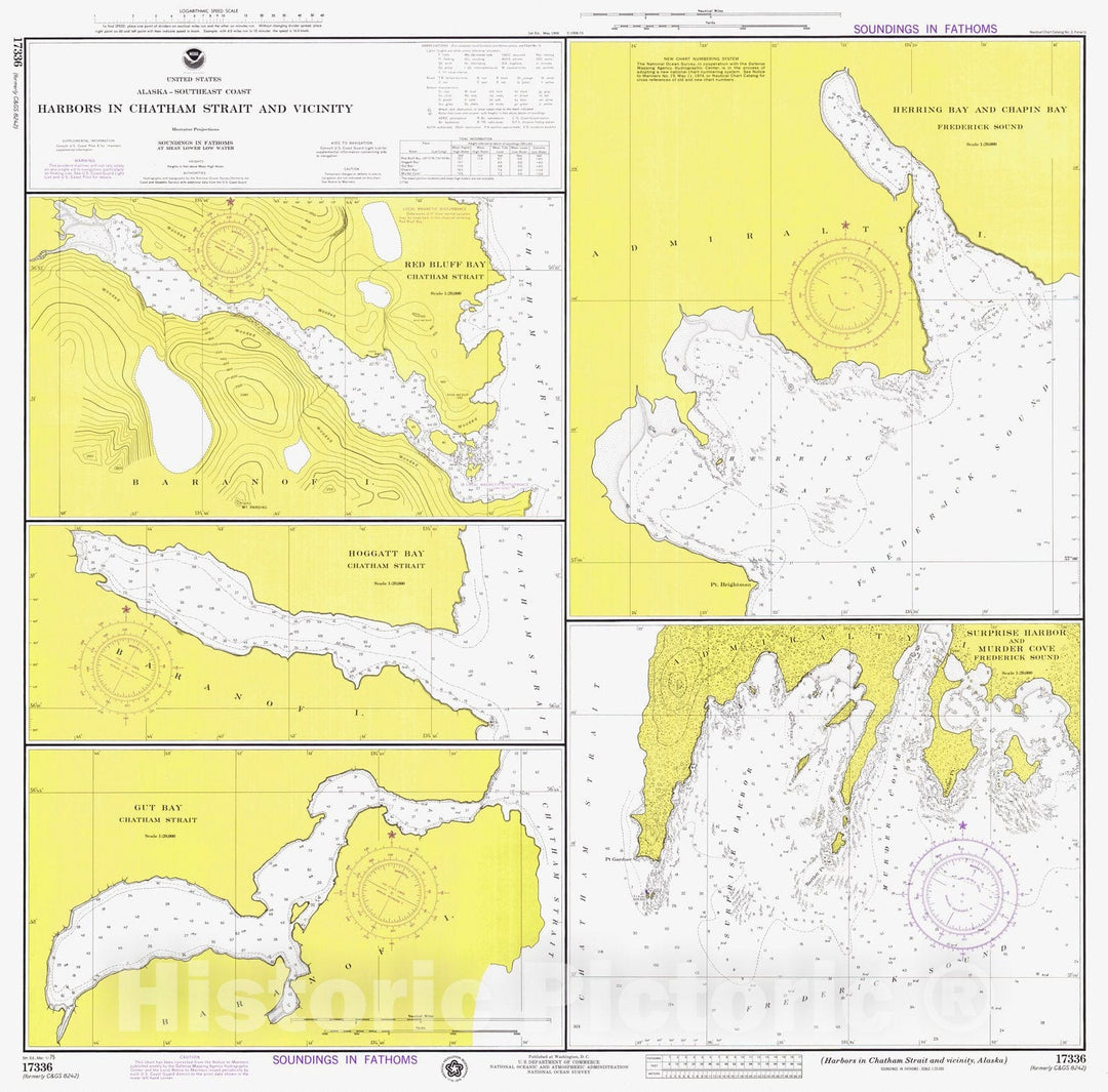 Historic Nautical Map - Harbors In Chatham Strait And Vicinity Alaska, AK, 1975 NOAA Chart - Vintage Wall Art