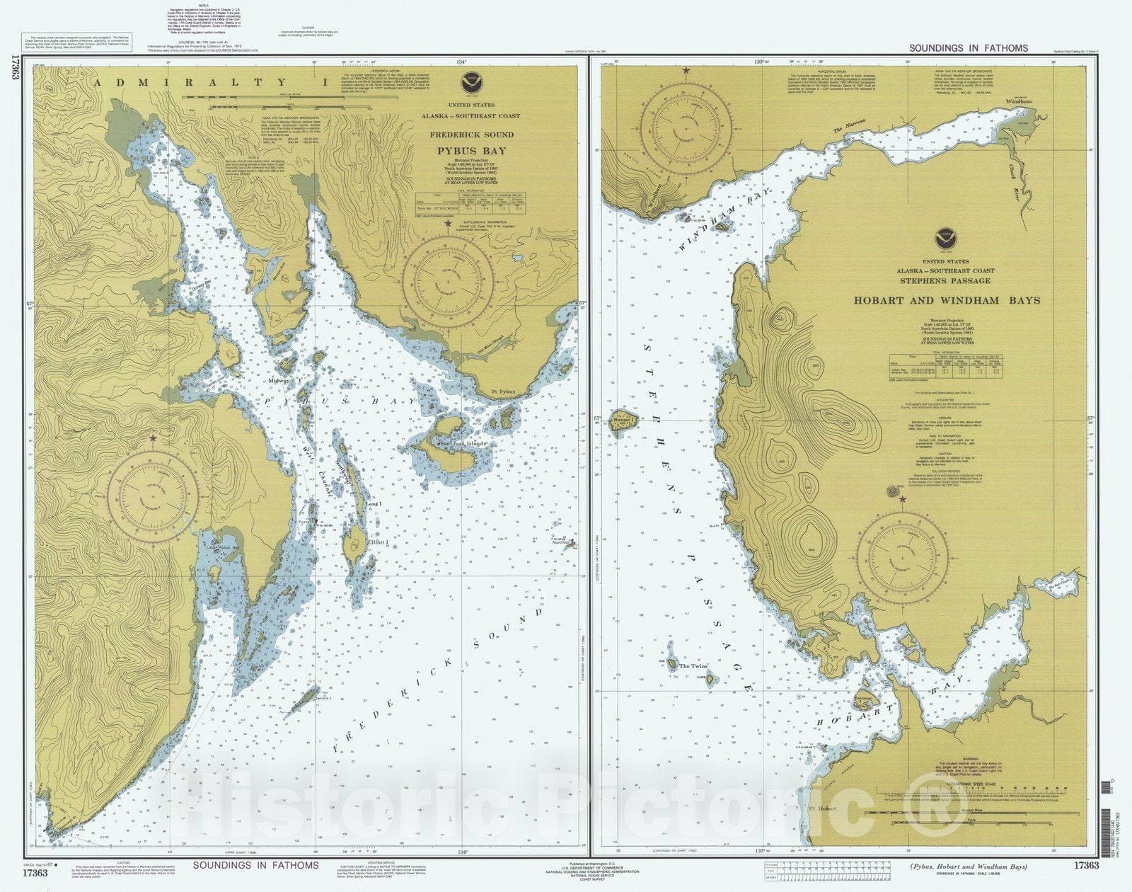 Historic Nautical Map - Pybus Hobart And Windham Bays, AK, 1997 NOAA Chart - Vintage Wall Art