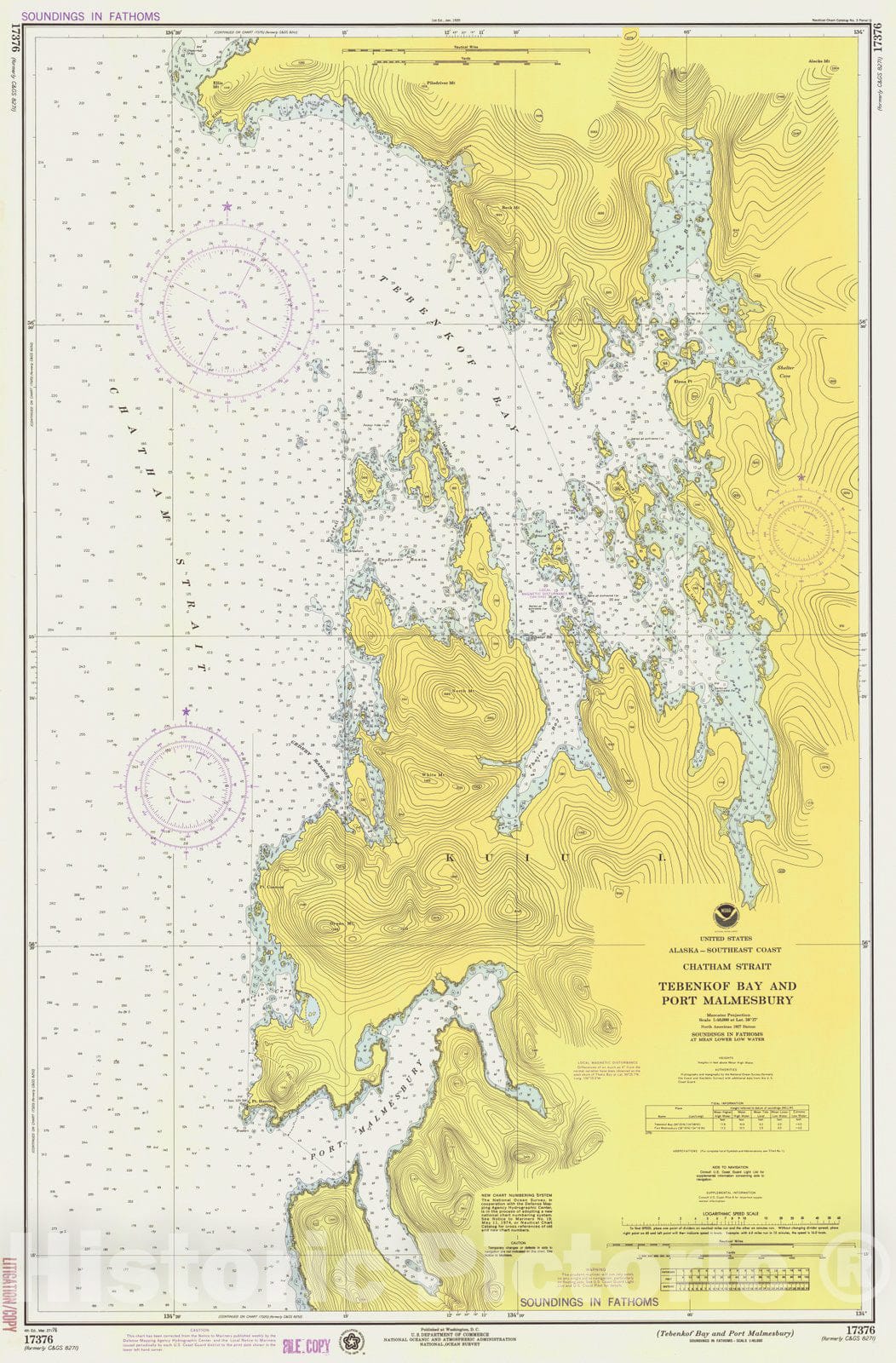 Historic Nautical Map - Tebenkof Bay And Port Malmesbury, AK, 1976 NOAA Chart - Vintage Wall Art