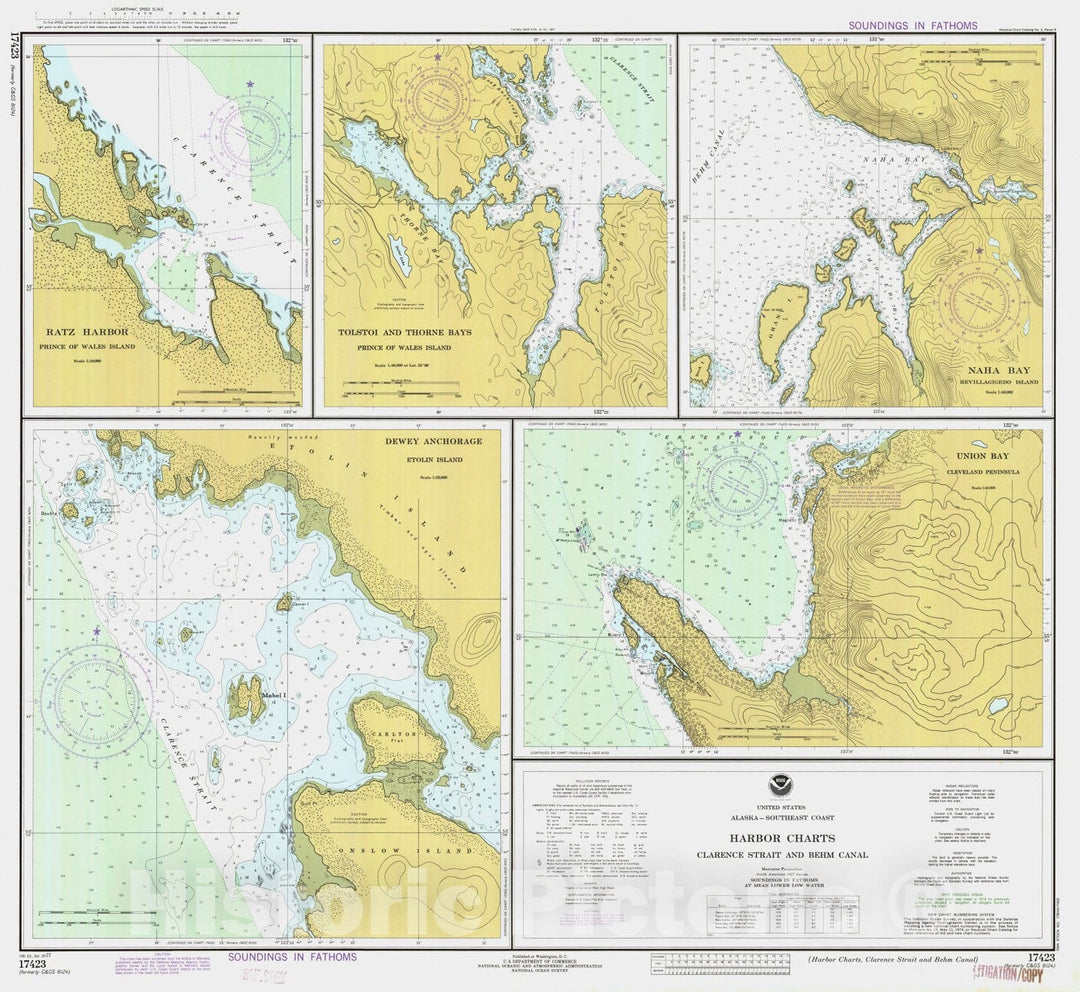 Historic Nautical Map - Harbor Charts Clarence Strait And Behm Canal, AK, 1977 NOAA Chart - Vintage Wall Art