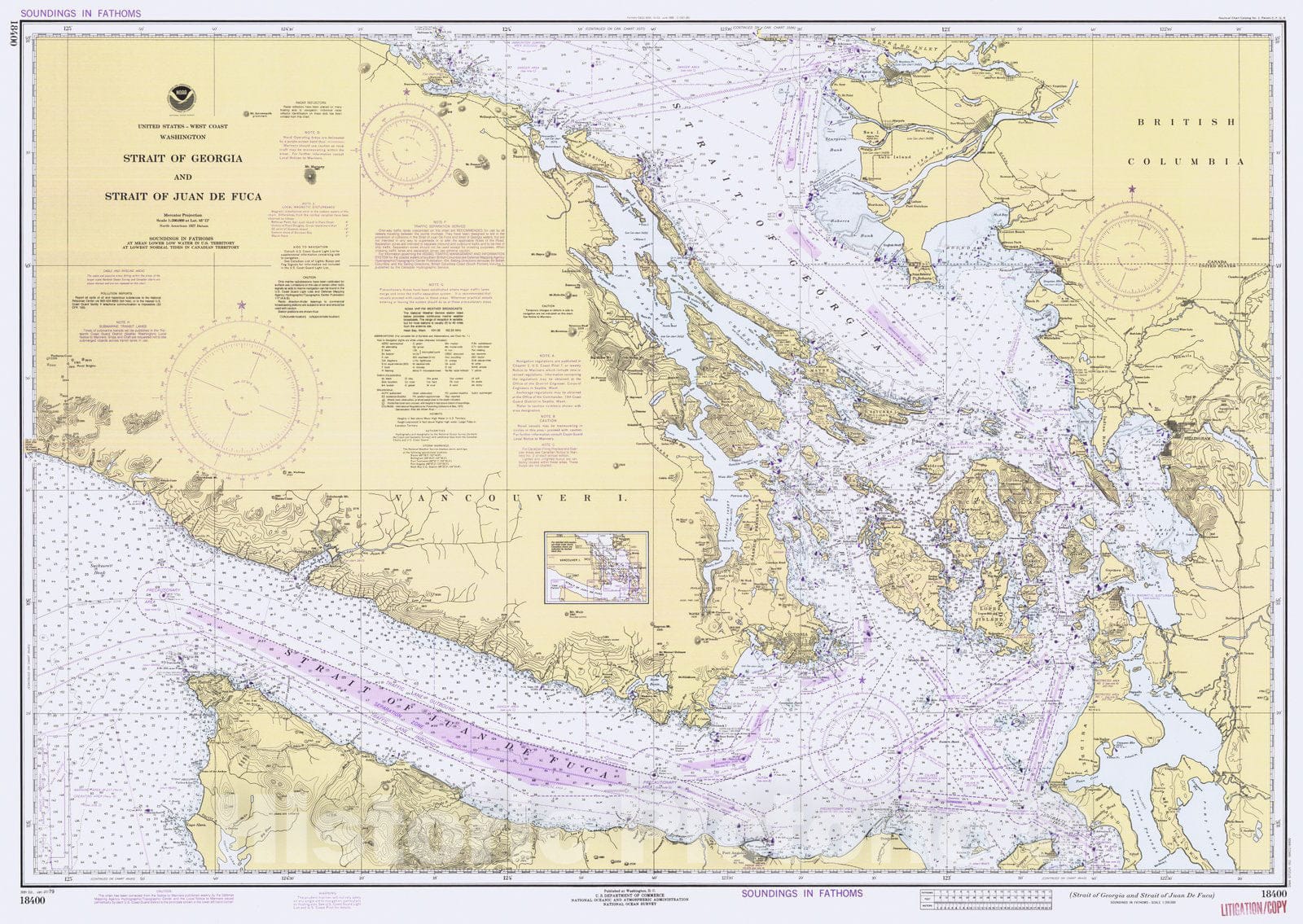 Historic Nautical Map - Strait Of Georgia And Strait Of Juan De Fuca, WA, 1979 NOAA Chart - Vintage Wall Art