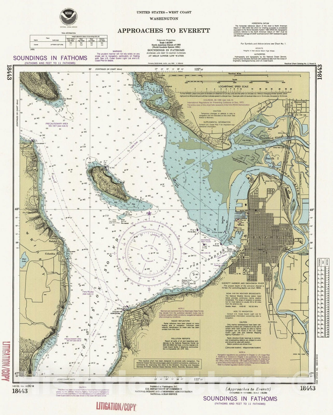 Historic Nautical Map - Approaches To Everett, WA, 1990 NOAA Chart - Vintage Wall Art