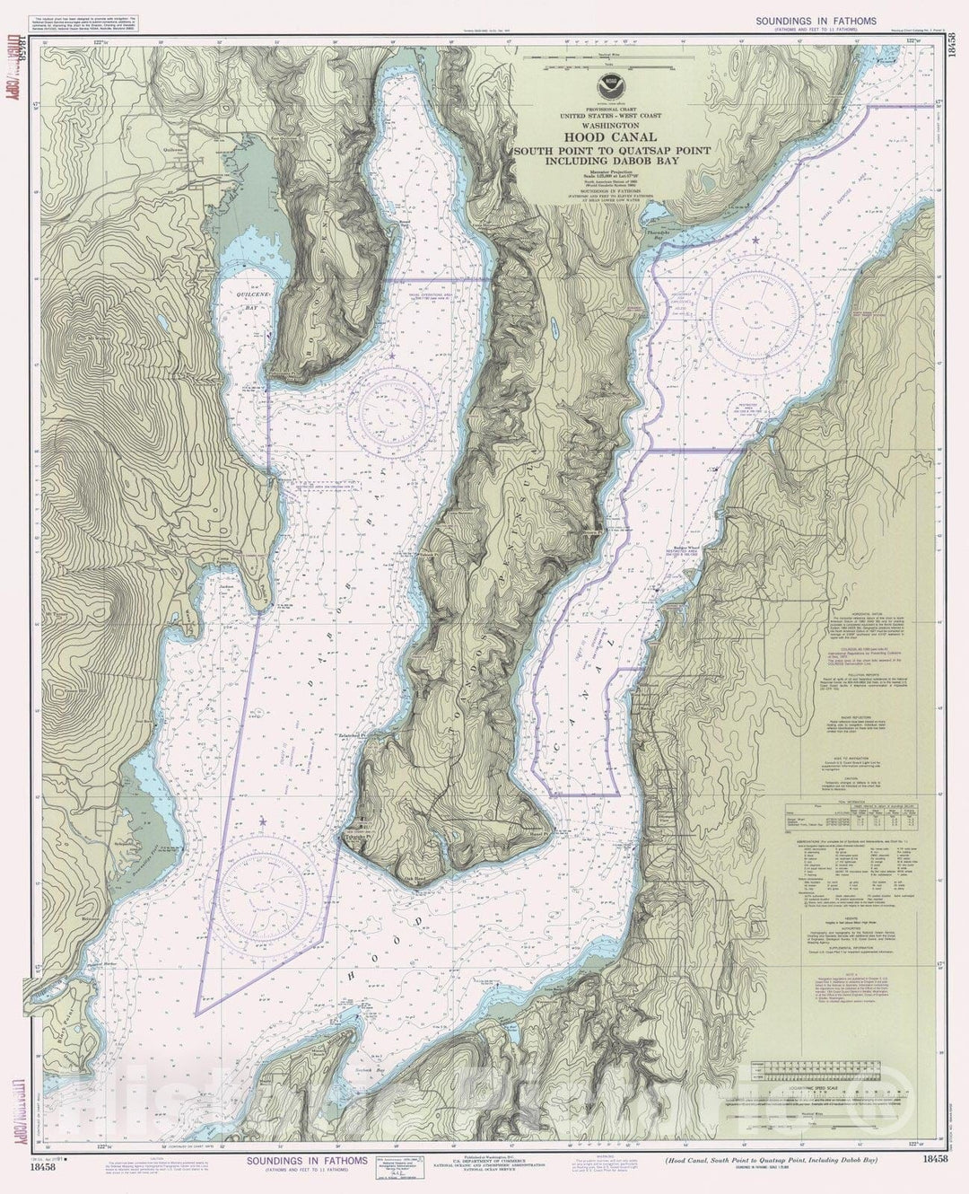 Historic Nautical Map - Hood Canal South Point To Quatsap Point Including Dabob Bay, WA, 1991 NOAA Chart - Vintage Wall Art