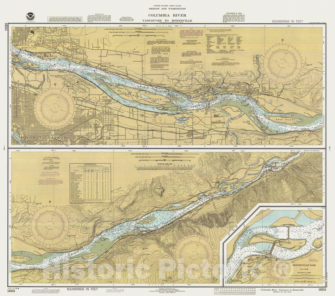 Historic Nautical Map - Columbia River Vancouver To Bonneville, OR, WA, 1990 NOAA Chart - Vintage Wall Art