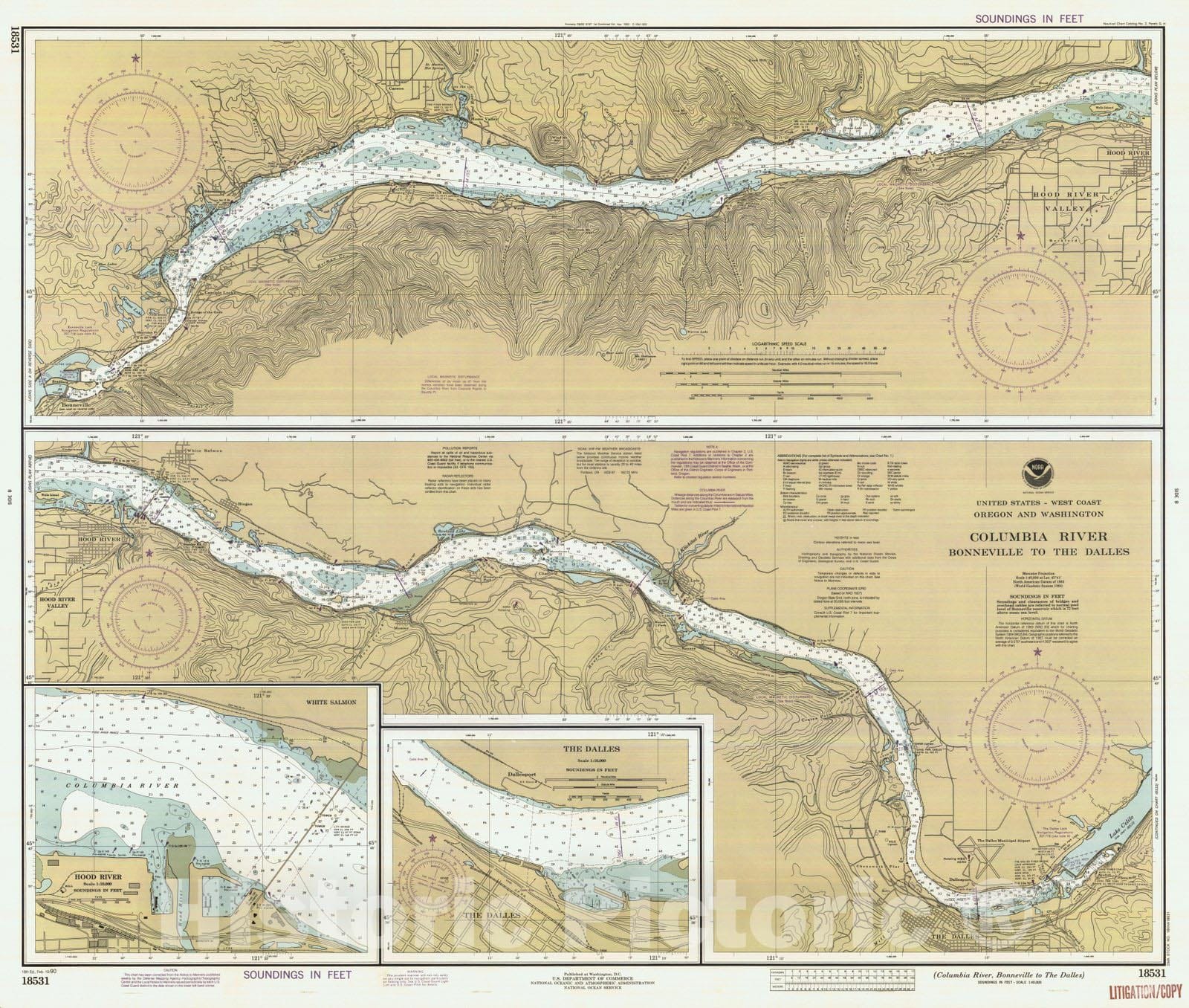 Historic Nautical Map - Columbia River Bonneville To The Dalles, OR, WA, 1990 NOAA Chart - Vintage Wall Art