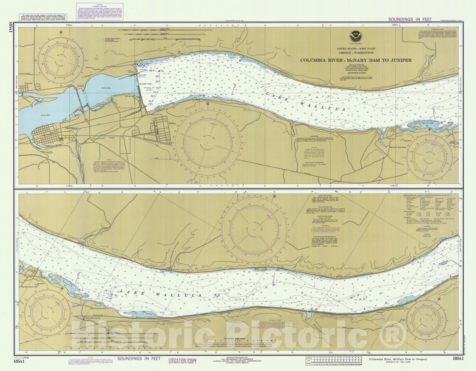 Historic Nautical Map - Columbia River Mcnary Dam To Juniper, OR, WA, 1990 NOAA Chart - Vintage Wall Art