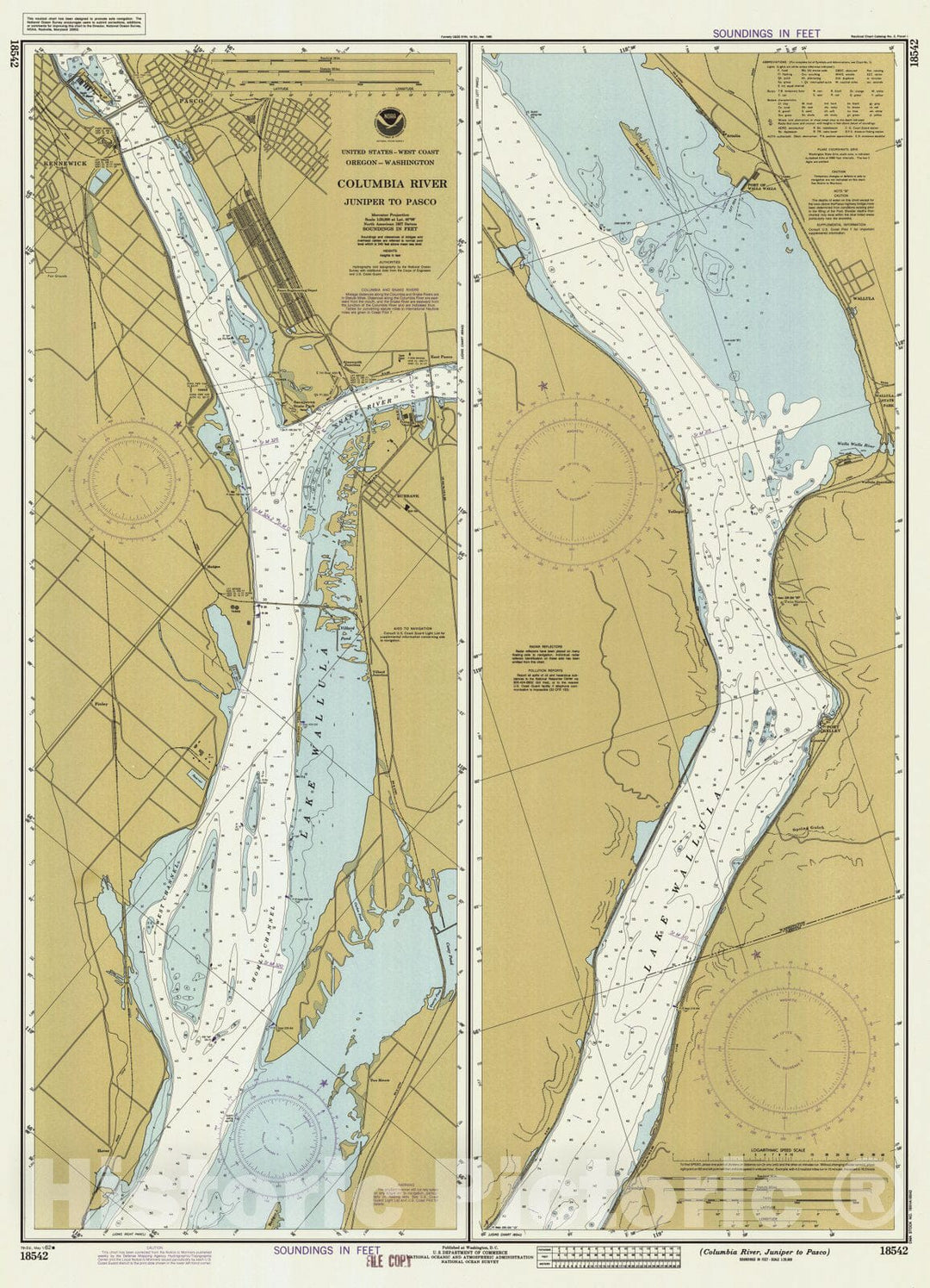 Historic Nautical Map - Columbia River Juniper To Pasco, WA, OR, 1982 NOAA Chart - Vintage Wall Art