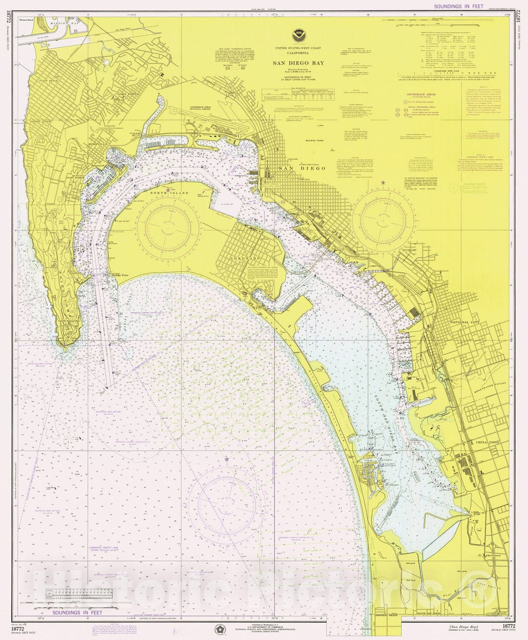 Historic Nautical Map - San Diego Bay, CA, 1976 NOAA Chart - Vintage Wall Art