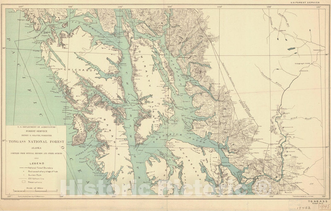 Historic Nautical Map - Tongass Sheet No 2 Tongass National Forest - Frederick Sound Kupreanof I, AK, 1910 NOAA Base Historic Nautical Map - Vintage Wall Art