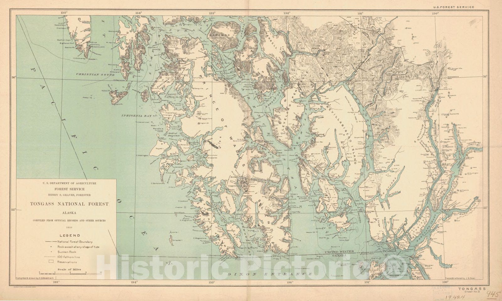 Historic Nautical Map - Tongass Sheet No 3 Tongass National Forest - Sumner Strait Prince Of Wales Island, AK, 1910 NOAA Topographic - Vintage Wall Art