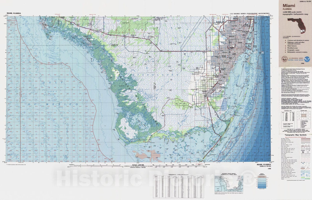 Historic Nautical Map - Miami, FL, 1988 NOAA Topographic Bathymetric Historic Nautical Map - Vintage Wall Art