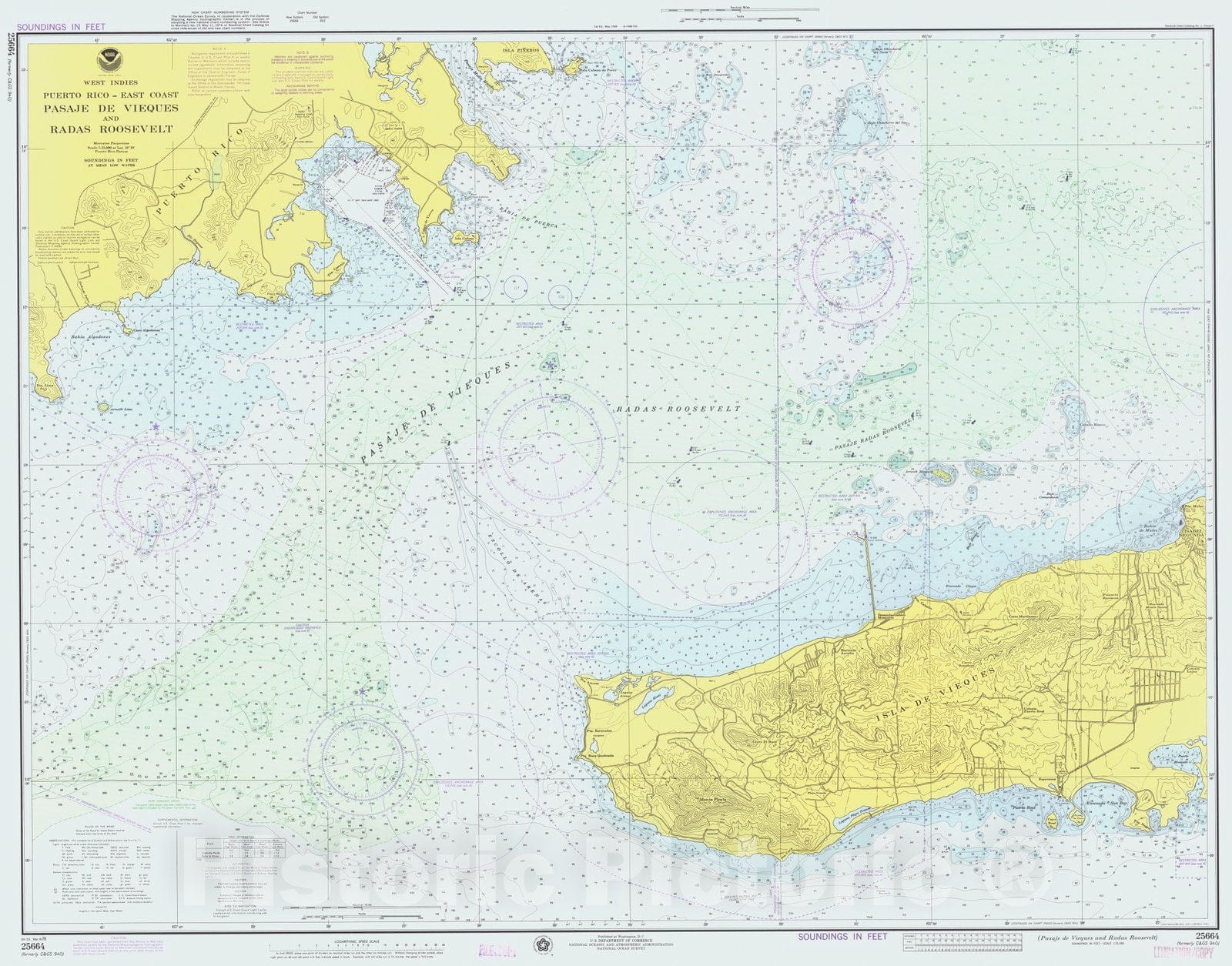 Historic Nautical Map - Pasaje De Vieques And Radas Roosevelt, PR, 1976 NOAA Chart - Vintage Wall Art