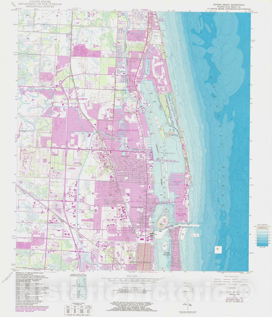 Historic Nautical Map - Riviera Beach Fl, FL, 1983 NOAA Topographic Bathymetric Historic Nautical Map - Vintage Wall Art