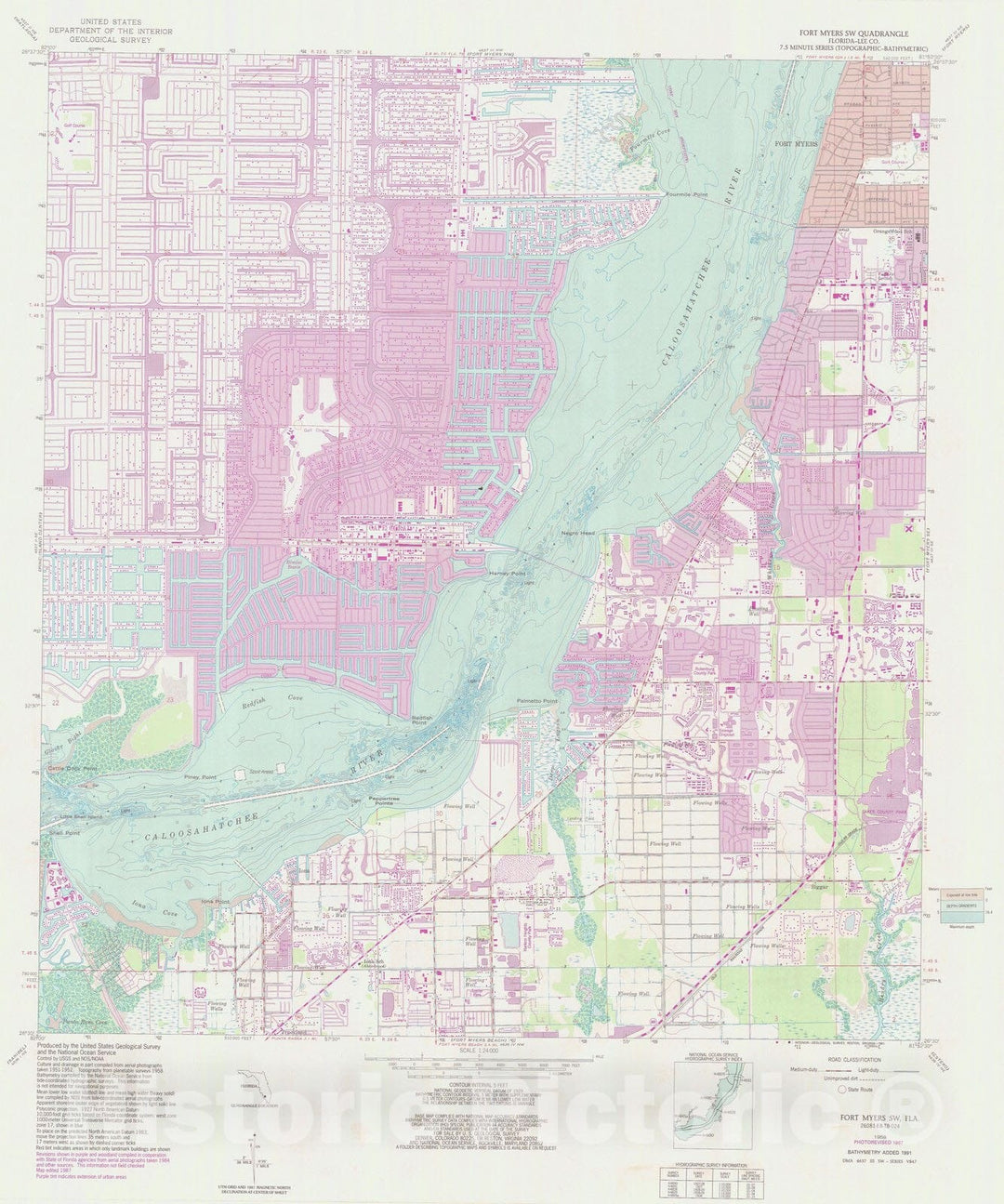 Historic Nautical Map - Fort Myers Sw, FL, 1987 NOAA Topographic Bathymetric Historic Nautical Map - Vintage Wall Art