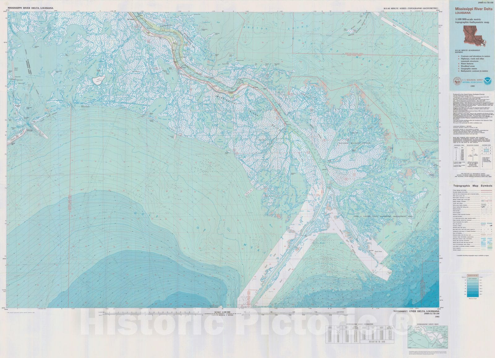 Historic Nautical Map - Mississippi River Delta, LA, 1983 NOAA Topographic Bathymetric Historic Nautical Map - Vintage Wall Art