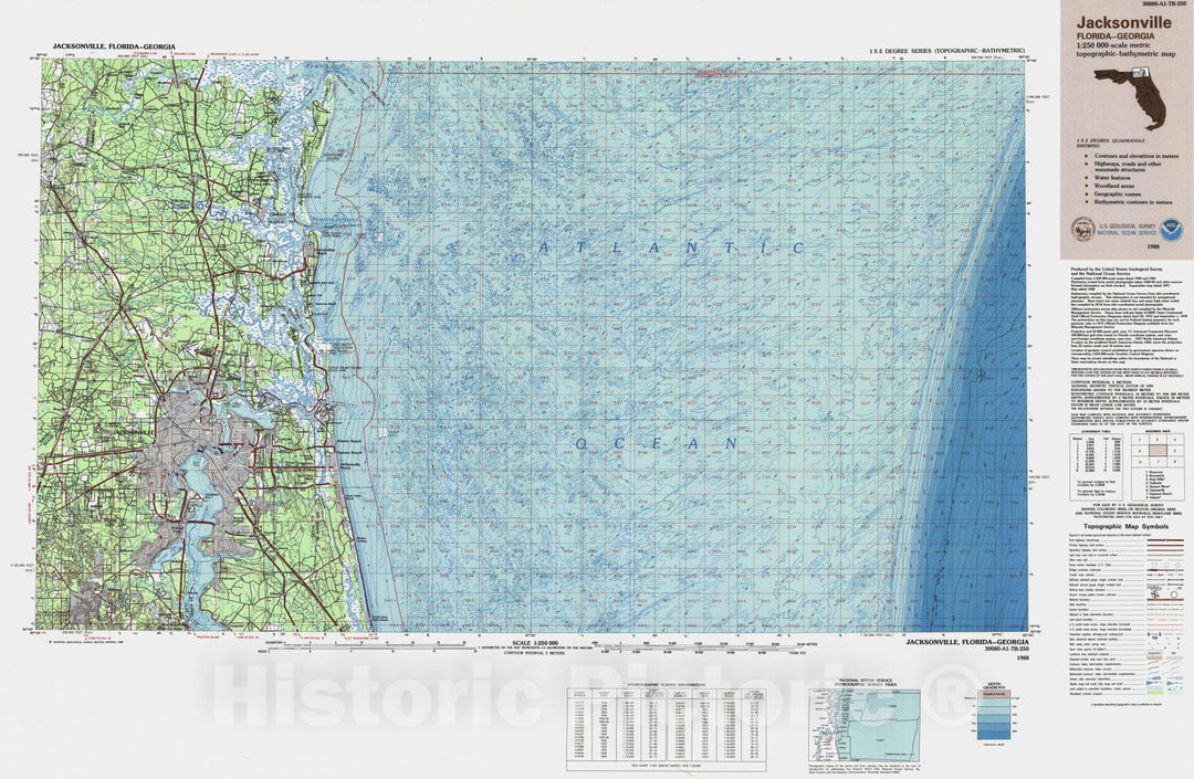 Historic Nautical Map - Jacksonville, FL, GA, 1988 NOAA Topographic Bathymetric Historic Nautical Map - Vintage Wall Art