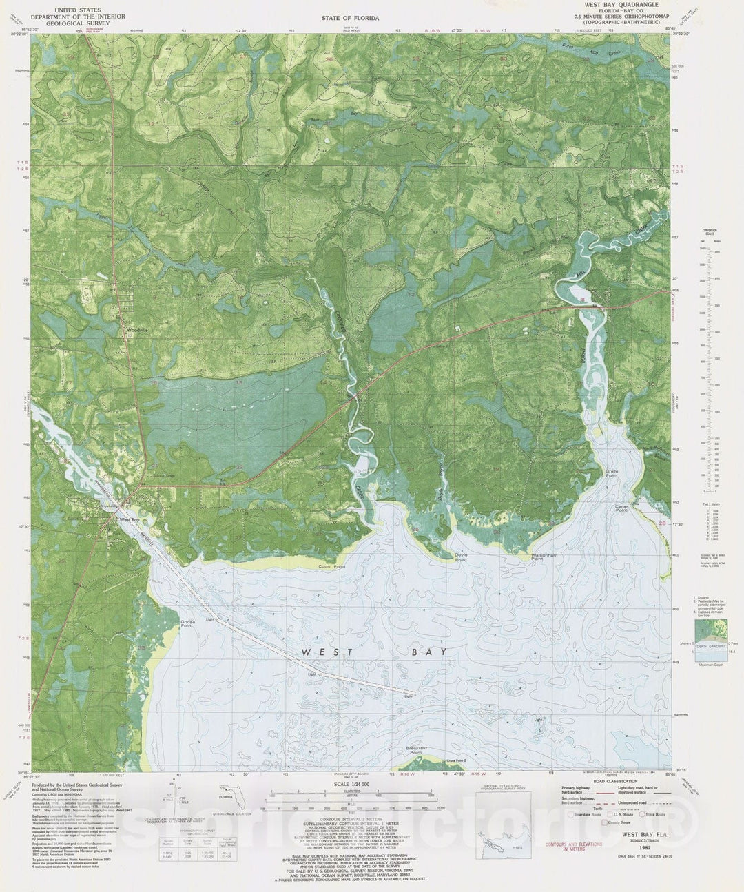 Historic Nautical Map - West Bay, FL, 1982 NOAA Topographic Bathymetric Historic Nautical Map - Vintage Wall Art