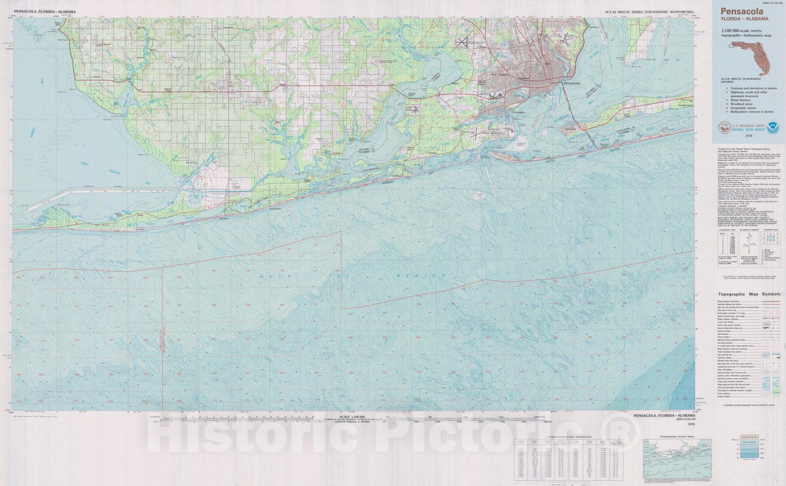 Historic Nautical Map - Pensacola, AL, FL, 1978 NOAA Topographic Bathymetric Historic Nautical Map - Vintage Wall Art