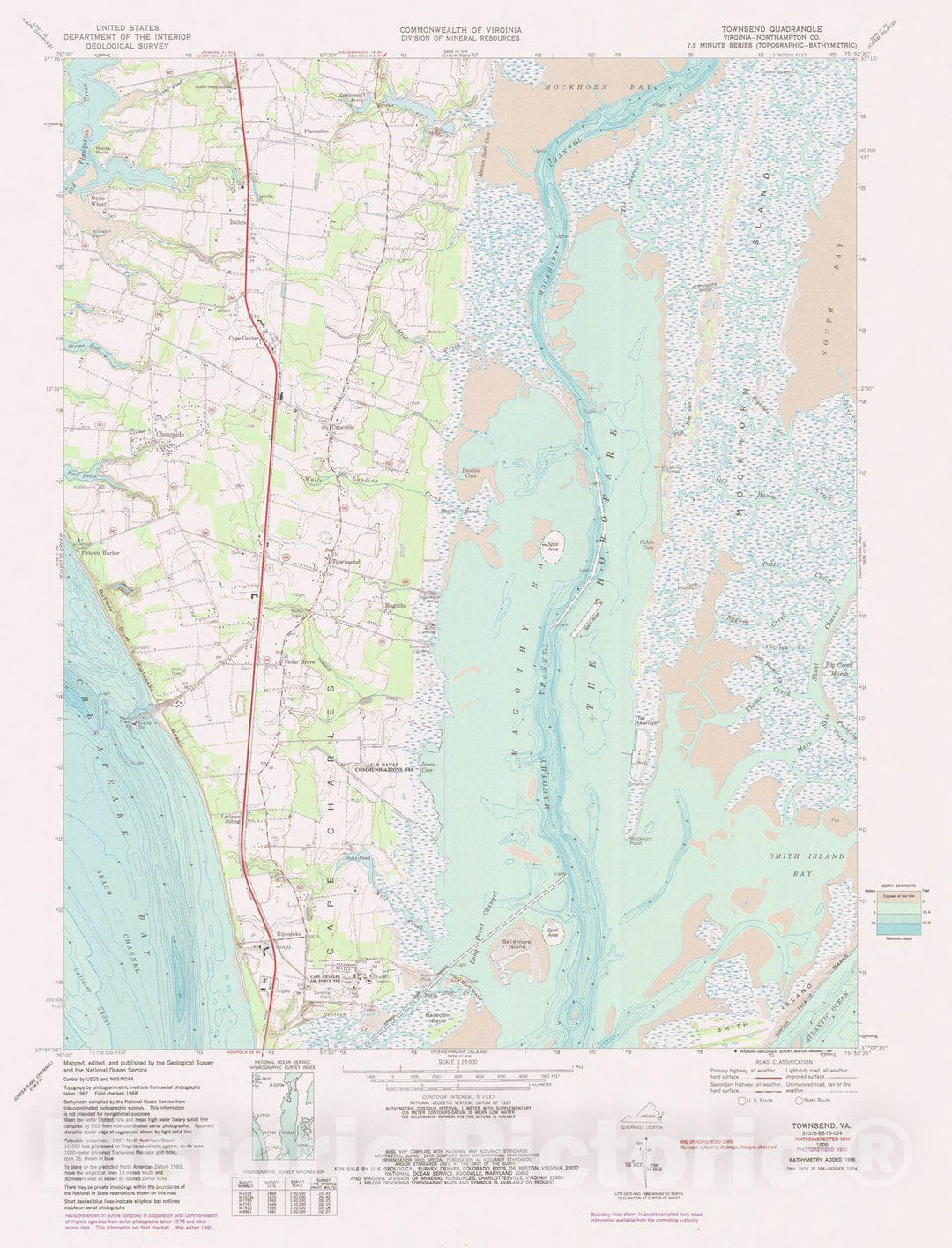 Historic Nautical Map - Townsend Va, VA, 1980 NOAA Topographic Bathymetric Historic Nautical Map - Vintage Wall Art