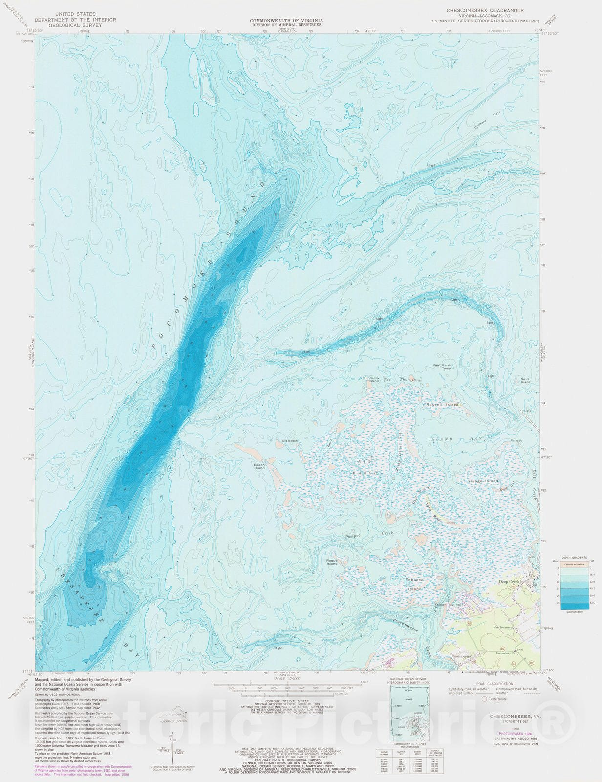 Historic Nautical Map - Chesconessex, VA, 1986 NOAA Topographic Bathymetric Historic Nautical Map - Vintage Wall Art