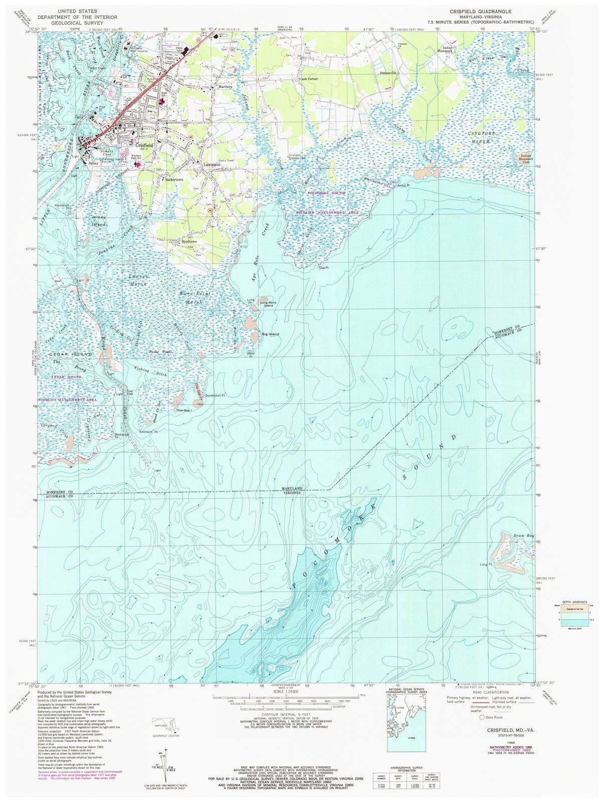 Historic Nautical Map - Crisfield, MD, VA, 1980 NOAA Topographic Bathymetric Historic Nautical Map - Vintage Wall Art