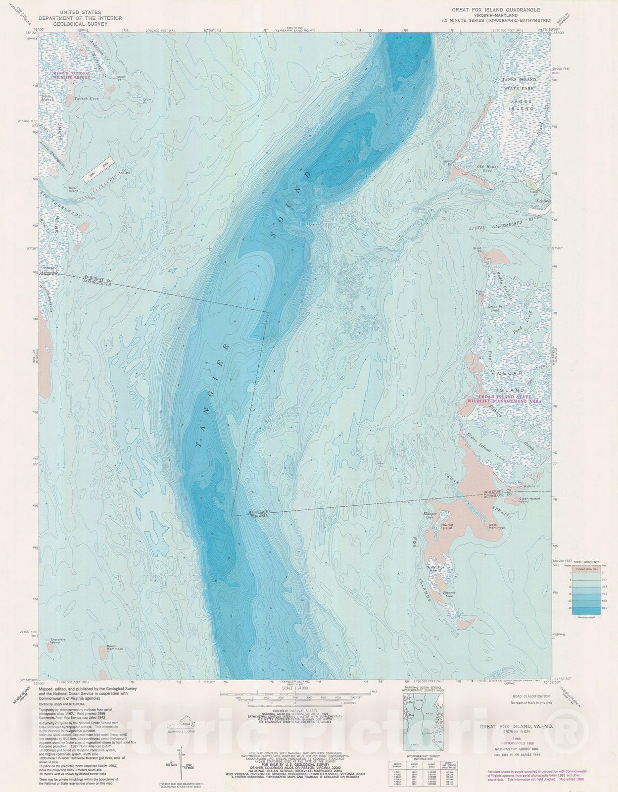 Historic Nautical Map - Great Fox Island, VA, MD, 1986 NOAA Topographic Bathymetric Historic Nautical Map - Vintage Wall Art