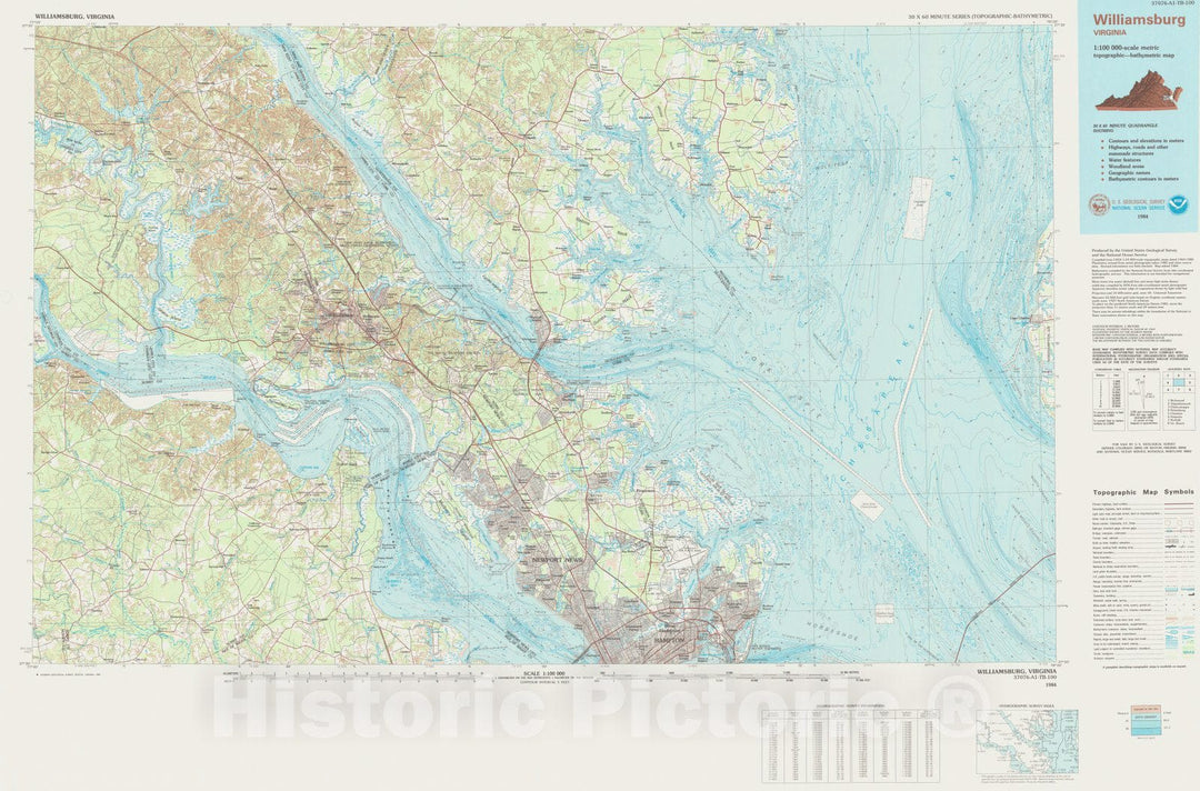 Historic Nautical Map - Williamsburg, VA, 1984 NOAA Topographic Bathymetric Historic Nautical Map - Vintage Wall Art