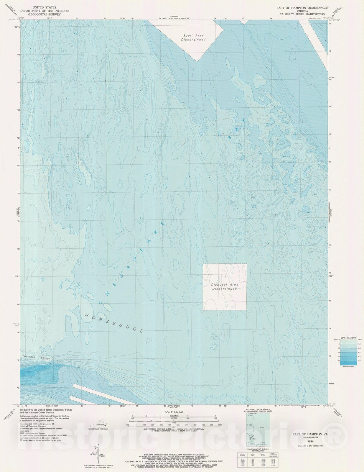 Historic Nautical Map - East Of Hampton, VA, 1986 NOAA Topographic Bathymetric Historic Nautical Map - Vintage Wall Art