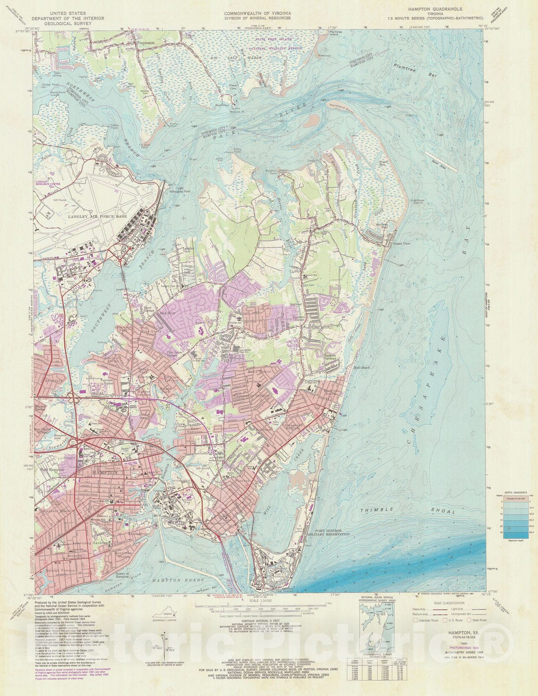 Historic Nautical Map - Hampton, VA, 1986 NOAA Topographic Bathymetric Historic Nautical Map - Vintage Wall Art