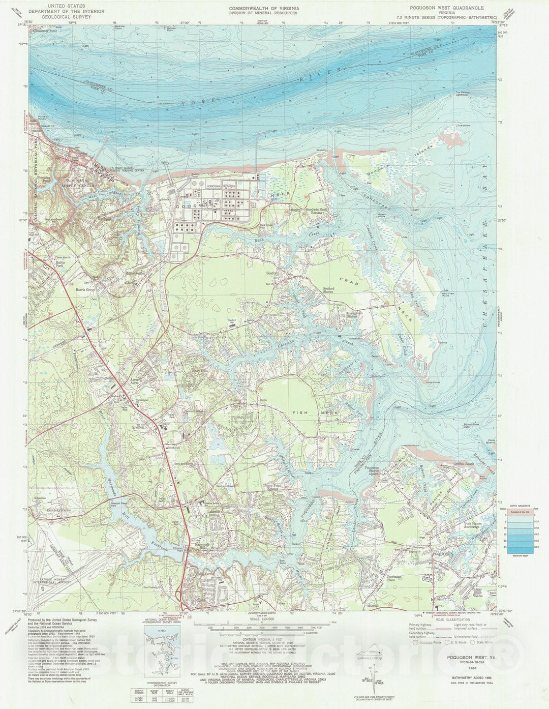 Historic Nautical Map - Poquoson West Va, VA, 1983 NOAA Topographic Bathymetric Historic Nautical Map - Vintage Wall Art