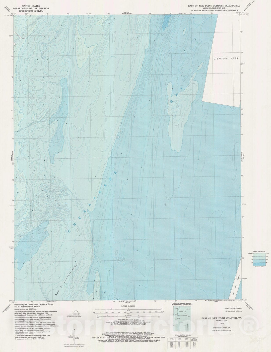 Historic Nautical Map - East Of New Point Comfort, VA, 1964 NOAA Topographic Bathymetric Historic Nautical Map - Vintage Wall Art