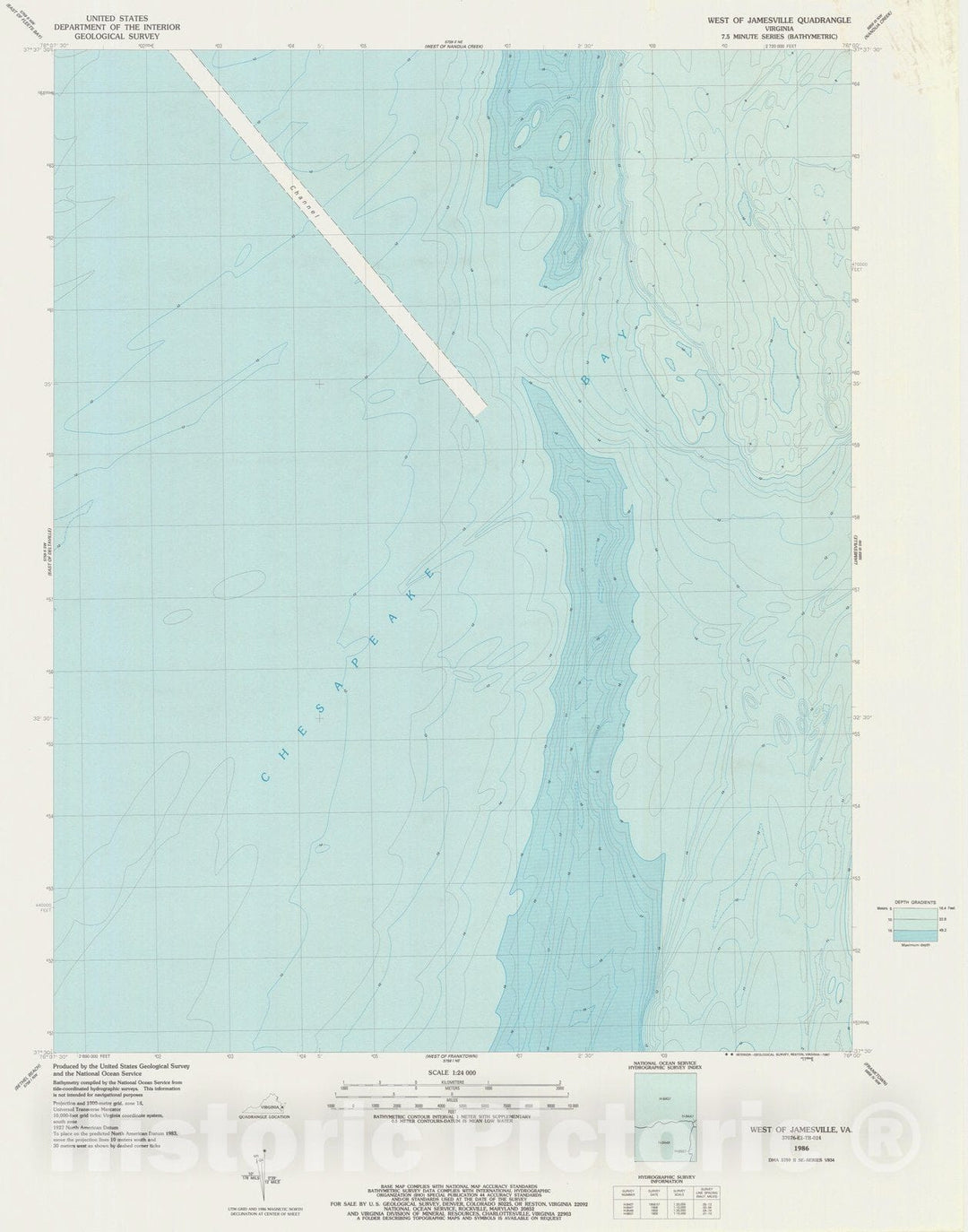 Historic Nautical Map - West Of Jamesville Va, VA, 1986 NOAA Topographic Bathymetric Historic Nautical Map - Vintage Wall Art