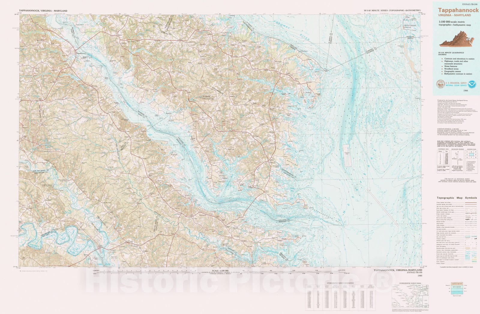 Historic Nautical Map - Tappahannock, MD, VA, 1984 NOAA Topographic Bathymetric Historic Nautical Map - Vintage Wall Art