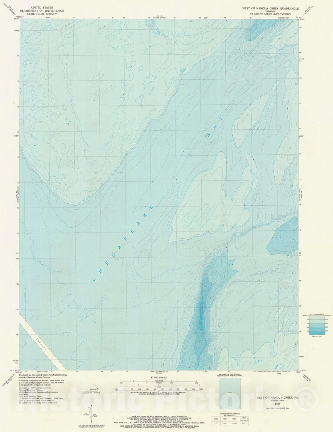 Historic Nautical Map - West Of Nandua Creek Va, VA, 1986 NOAA Topographic Bathymetric Historic Nautical Map - Vintage Wall Art