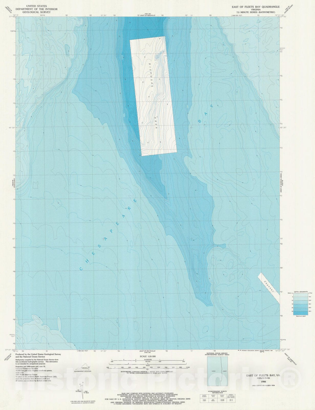 Historic Nautical Map - East Of Fleets Bay, VA, 1986 NOAA Topographic Bathymetric Historic Nautical Map - Vintage Wall Art